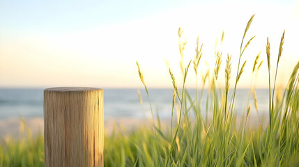 Wall Mural - wooden post at beach, grass, sunset
