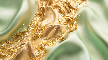 Poster - Close up of textured gold and green fabric with delicate pastel swirls and floral patterns
