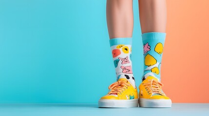 Poster - Chunky neon sneakers with vibrant printed socks create a bold maximalist fashion look  The playful eclectic design showcases a trendy contemporary style