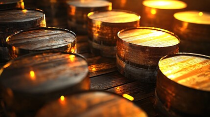 Aufkleber - Warm Glow on Rustic Wooden Barrels Arranged in Rows Creating a Cozy and Inviting Ambience