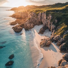 Poster - Tranquil cove at sunrise with rocky cliffs and turquoise water creating a serene landscape
