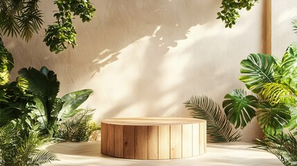 Poster - Wooden Stage Surrounded by Lush Greenery and Sunlight Creating a Tropical and Peaceful Scene