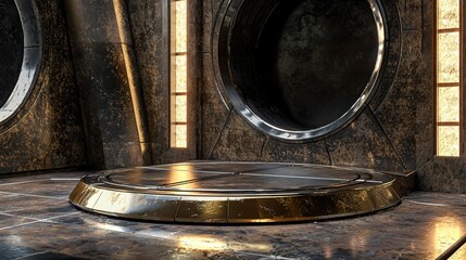 Poster - Futuristic platform with metallic textures and circular windows in a modern interior design