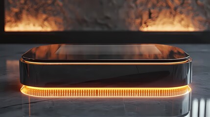 Aufkleber - Elegant product display podium with glowing orange lights against a blurred fireplace backdrop