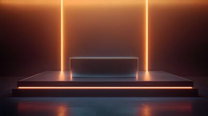 Poster - Minimalist Stage with Neon Lighting for Product Display in a Modern Presentation Setting