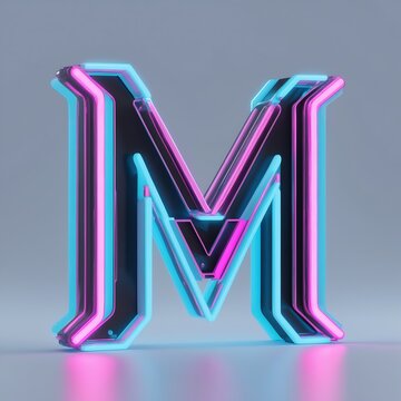 Letter M with Neon Light Effect in Cyan and Magenta Colors