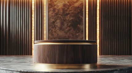 Aufkleber - Elegant Wood Podium with Golden Accents on Marble Surface for Product Showcase Display