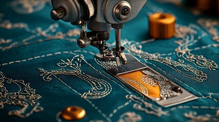 Poster - Close up view of a vintage sewing machine stitching intricate designs into a delicate lace fabric  The image showcases the skilled and precision of textile crafting