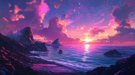 Poster - Vibrant Seascape at Dusk with Dramatic Clouds and Starry Sky Reflecting in Calm Ocean Waters