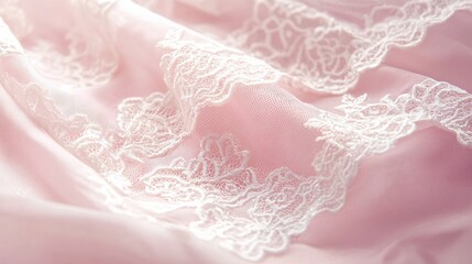 Fototapete - Delicate pink satin and white lace fabric creating a soft romantic and feminine texture