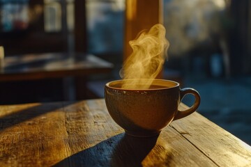 Aufkleber - Warm coffee cup with rising steam on rustic wooden table during morning light. Generative AI