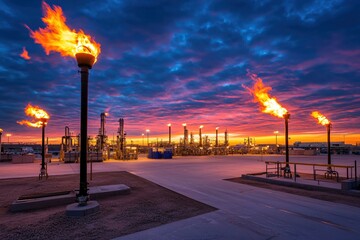 Aufkleber - Fiery Flare Stack at Industrial Plant Against Dramatic Sunset Sky Depicting Energy Production