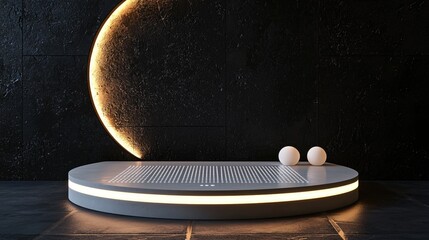 Poster - Elegant illuminated platform with dark textured wall and glowing moon for product display