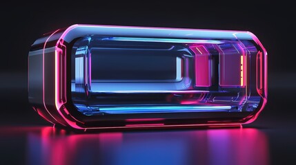 Poster - Futuristic Transparent Container with Neon Lights Reflecting on Dark Surface for Modern Design