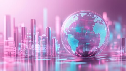 Poster - A futuristic cityscape with a transparent globe showcasing a digital world, illuminated in vibrant pink and blue tones.
