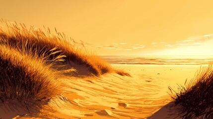 Poster - Golden hour on a serene beach with dune grass under a warm sky creating a peaceful scene
