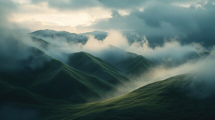 Poster - Misty Green Hills Landscape Under a Cloudy Sky with Sunlight Breaking Through the Foggy Atmosphere