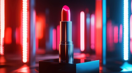 Aufkleber - Elegant lipstick on black platform with vibrant neon lights creating a modern cosmetic scene