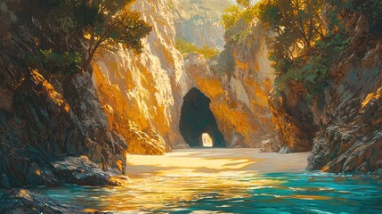 Poster - Serene cove with golden cliffs and turquoise water a tranquil beach landscape painting