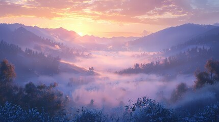 Poster - Ethereal mountain landscape at sunrise with fog and trees creating a serene and peaceful scene