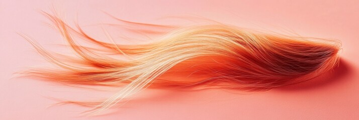 Poster - Macro shot showcasing a broken strand of hair on a soft pink background highlighting fragile beauty and texture. Generative AI