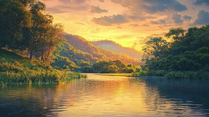 Poster - Serene lake reflecting golden sunset light through trees on hills creating peaceful nature scene