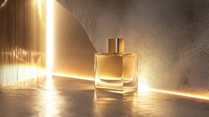 Aufkleber - Elegant golden perfume bottle on reflective surface with bright light and luxurious ambiance