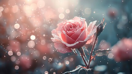 Poster - Enchanting Pink Rose Adorned with Dewdrops in Soft Light a Captivating Floral Masterpiece