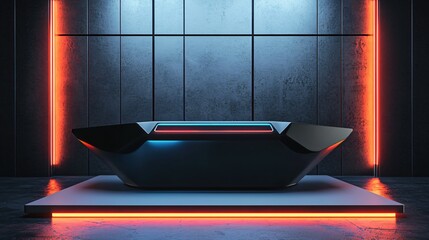 Poster - Futuristic Black Pod on Platform with Neon Lights in a Modern Abstract Interior Design