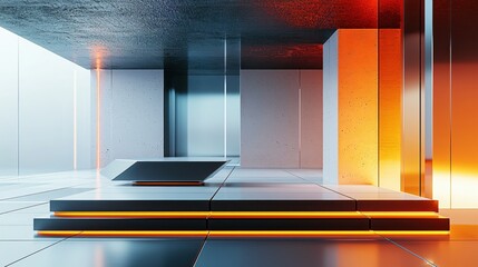 Poster - Futuristic Interior with Orange Lighting and Geometric Shapes Creates a Modern Ambience