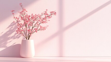 Leinwandbilder - Elegant floral arrangement in a vase casting soft shadows against a pastel pink background