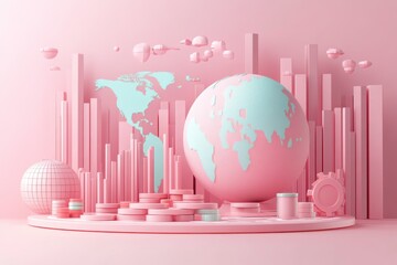 Poster - A colorful, minimalist 3D design featuring a globe and abstract shapes, set against a soft pink backdrop.