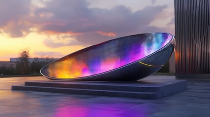 Poster - Modern Art Installation with Vibrant Lights and Sunset Sky Urban Landscape Scenery