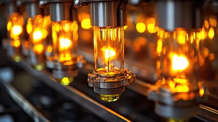 Aufkleber - Luminous Glass Tubes Glowing with Warm Light in a Row Industrial Equipment Detail View
