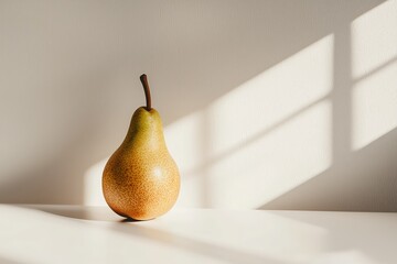 Fototapete - Elegant pear still life with natural window light casting shadows on a neutral background