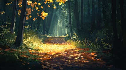 Poster - Enchanted Forest Path with Golden Leaves and Sunlight Beams in a Tranquil Autumn Landscape