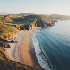 Poster - Aerial Vista of Coastal Cliffs and Sandy Beach Meeting Turquoise Ocean on a Sunny Day