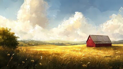 Poster - Serene Countryside Painting of Red Barn in Golden Field Under Cloudy Sky with Warm Light