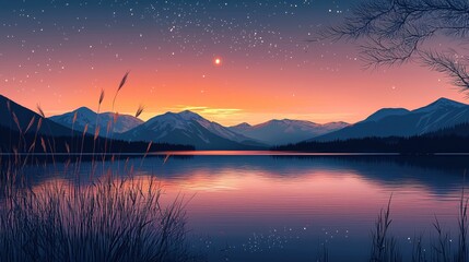 Poster - Serene lake landscape with mountains at sunset under a starry sky in a peaceful scenery