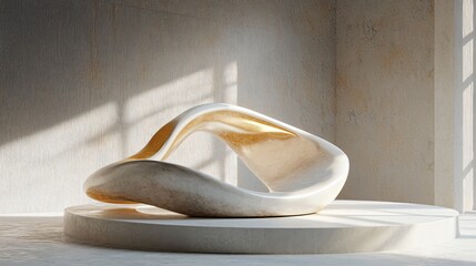 Aufkleber - Abstract Sculpture on White Pedestal in Minimalist Interior with Sunlight and Shadow Play