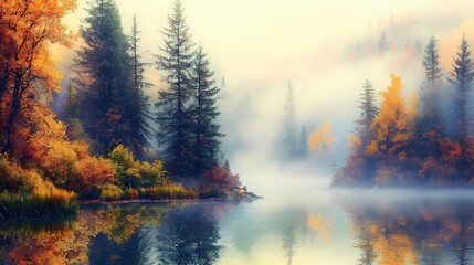 Poster - Serene Autumnal Reflection Calm Lake Scene with Golden Trees and Mist in a Peaceful Forest