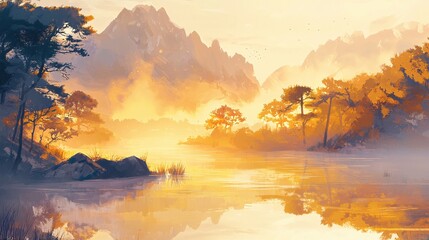 Poster - Serene mountain lake landscape painting with golden light reflecting on the tranquil water surface