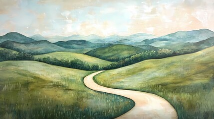 Poster - Serene Path Through Rolling Green Hills in a Watercolor Landscape Painting of Tranquility