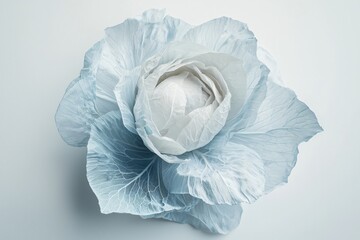 Poster - Pale Blue Cabbage Head on White Background Showing Delicate Leaf Texture and Organic Form