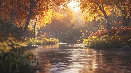 Poster - Serene autumn river landscape with golden foliage and sunlight creating a peaceful ambiance
