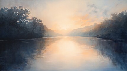 Poster - Serene river landscape painting with soft light reflecting on water and distant trees