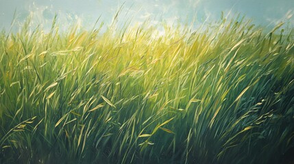 Poster - Impressionistic Meadow Painting Capturing the Essence of Summer with Green and Yellow Tones
