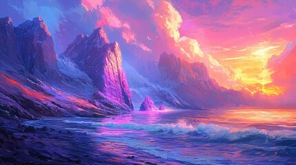 Poster - Vivid Seascape Painting with Majestic Cliffs and Radiant Sunset Casting a Warm Glow on the Water