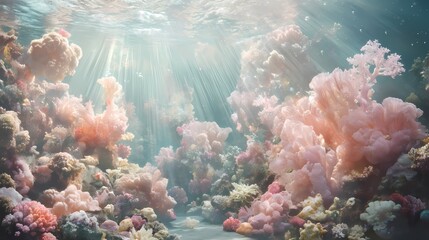 Poster - Ethereal underwater coral reef garden with soft light filtering through the ocean surface