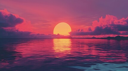 Poster - Dramatic sunset over calm ocean with vibrant pink and orange hues reflecting in the water